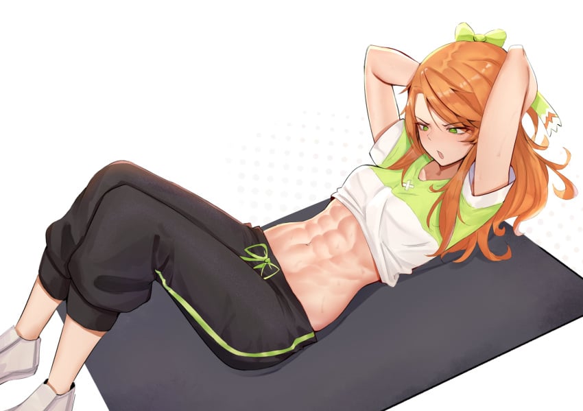 1girls abs absurdres arms_behind_head breasts cropped_shirt deccatezu etie_(fire_emblem) exercise female female female_only fire_emblem fire_emblem_engage green_eyes highres long_hair lying navel nintendo on_back orange_hair pants short_sleeves small_breasts solo sweatpants