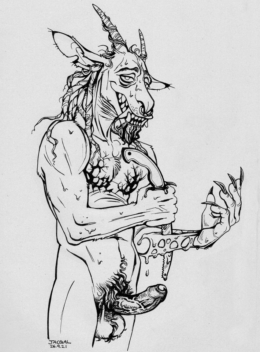 2021 absurd_res anthro balls big_hands big_penis big_teeth blade blood blood_drip bodily_fluids body_hair bovid caprine chin_tuft claws cutting_self dreadlocks dryad ear_piercing erection facial_hair facial_piercing facial_tuft fangs foreskin genitals goat goatee gore grin hairy_balls hi_res hybrid iowa_(jacqal) jacqal lidded_eyes line_art long_claws long_neck male mammal mastectomy_scar muscular muscular_male mutilation nose_piercing nose_ring penis piercing plant pruning_blade pubes receding_hairline ring_piercing scar self_harm self_mutilation septum_piercing septum_ring smile solo sweat teeth traditional_media_(artwork) vein veiny_penis visibly_