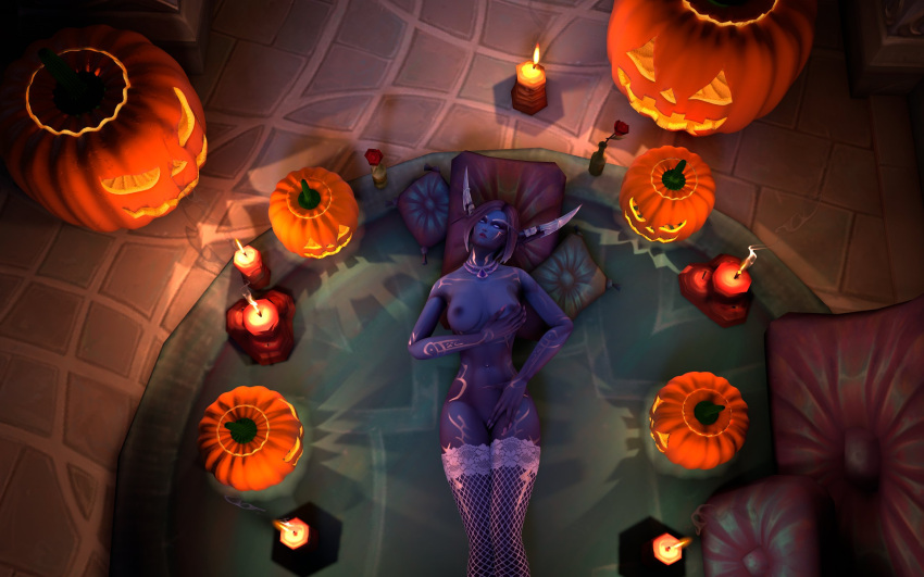 1girls 3d blizzard_entertainment mia_(ostvynd) nightborne original_character ostvynd purple_hair purple_skin solo stockings warcraft world_of_warcraft