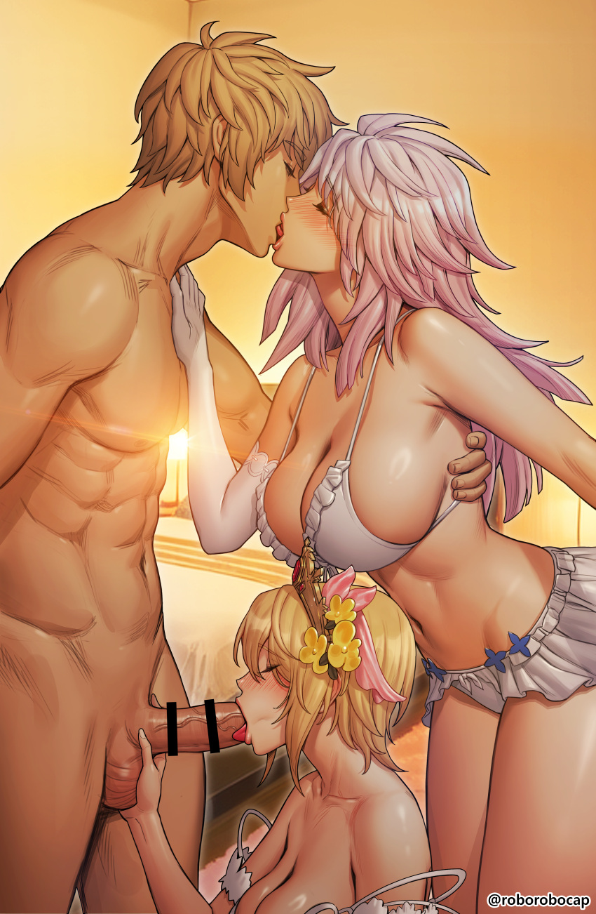 1boy 2girls abs artist_name bed bikini blonde_hair blowjob blush brown_hair censored closed_eyes curvy dominant_female dominant_male europa_(granblue_fantasy) fellatio femdom femsub french_kiss gabriel_(granblue_fantasy) grabbing_from_behind grabbing_penis grabbing_waist gran_(granblue_fantasy) granblue_fantasy hand_on_another's_shoulder highres imminent_hug kissing kneeling kneeling_oral_position large_breasts leaning_forward lipstick long_hair maledom nude_male oral pink_hair roborobocap short_hair skirt submissive_female sucking_penis sunset threesome tongue_out