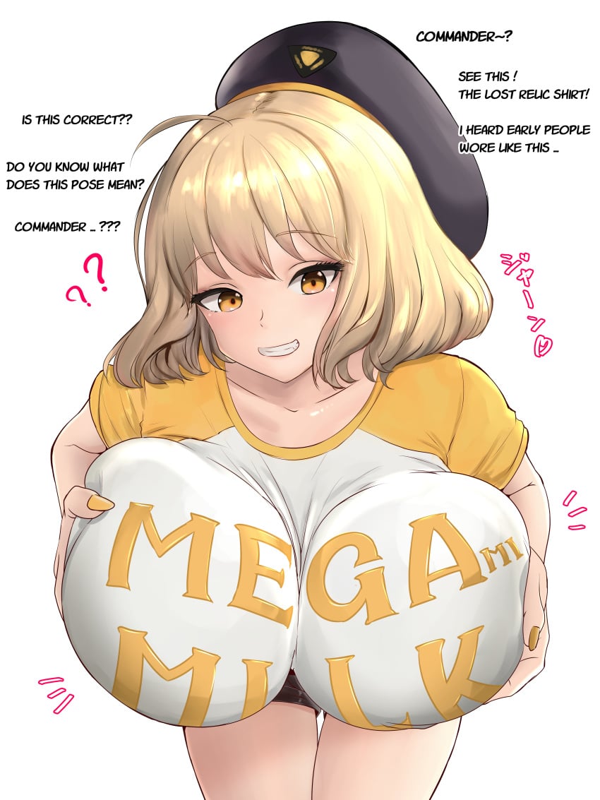 anis_(nikke) breasts brown_eyes brown_hair female fingernails goddess_of_victory:_nikke hat huge_breasts mega_milk short_hair smile yonban