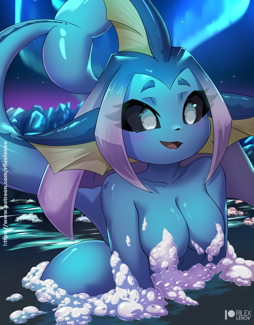 adorable anthro aria_(rilex_lenov) aurora_(phenomenon) big_breasts blue_body breasts bubble_bath cute cute_face eeveelution female female_only generation_1_pokemon hi_res nintendo nude pokemon pokemon_(species) rilex_lenov smile solo solo_female vaporeon