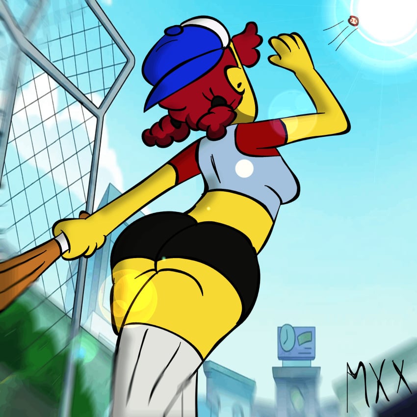 baseball baseball_bat baseball_cap baseball_uniform big_city_greens bottom_view curly_hair disney_channel female milf mxx nancy_green red_hair sfw shorts sunlight thick_ass thick_thighs thighs yellow_skin