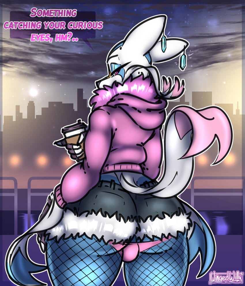 2023 akari_jamisson aki_(wingedwilly) anthro ass bedroom_eyes big_butt bottomwear bulge city cityscape clothing coffee_cup container cup cutoffs denim denim_clothing detailed_background dialogue ear_piercing english_text fishnet generation_5_pokemon girly hand_on_hip hi_res holding_coffee_cup holding_container holding_cup holding_object hoodie looking_back male male_only mienshao narrowed_eyes nintendo outside panties perineum piercing pokemon pokemon_(species) public seductive shorts signature solo speech_bubble talking_to_viewer text thick_thighs topwear underwear wingedwilly