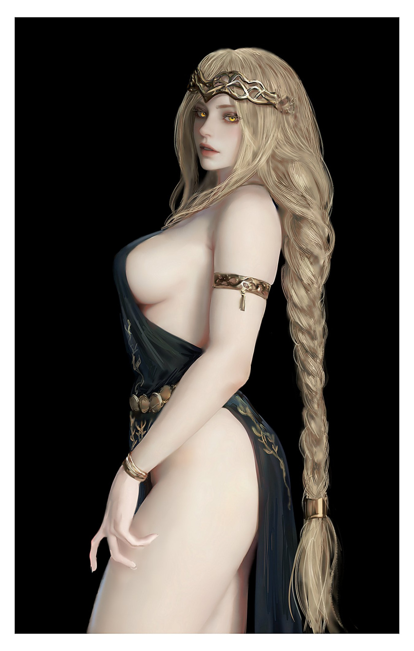 1girls arm_band big_breasts blonde_female blonde_hair braid braided_hair braided_ponytail braids breasts crown cuffs elden_ring female fromsoftware goddess golden_eyes golden_hair light-skinned_female niore pale_skin queen_marika_the_eternal revealing_clothes royalty sideboob tagme_(artist) thick thick_thighs wrist_cuffs wristband