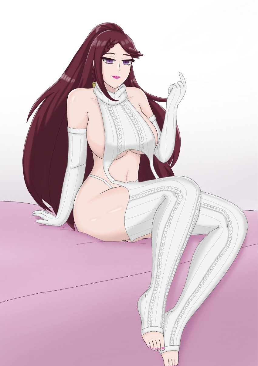 1girls alternate_costume areolae bed breasts come_hither feet female female_only fire_emblem fire_emblem_heroes gloves inviting lipstick loki_(fire_emblem) magenta_hair naughty_face nintendo ponytail purple_eyes solo teasing toeless_legwear toenail_polish veronica_mondo virgin_destroyer_sweater white_background white_gloves