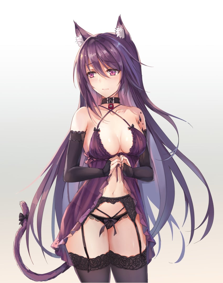 1girls 2023 animal_ear_fluff animal_ears arknights belly bikini black_legwear black_panties blush bowtie bra breasts cat_ears cat_tail choker female female_only gloves hi_res legwear light-skinned_female light_skin long_hair melantha_(arknights) midriff purple_eyes purple_hair simple_background skimpy solo standing thighhighs underwear yuemanhuaikong