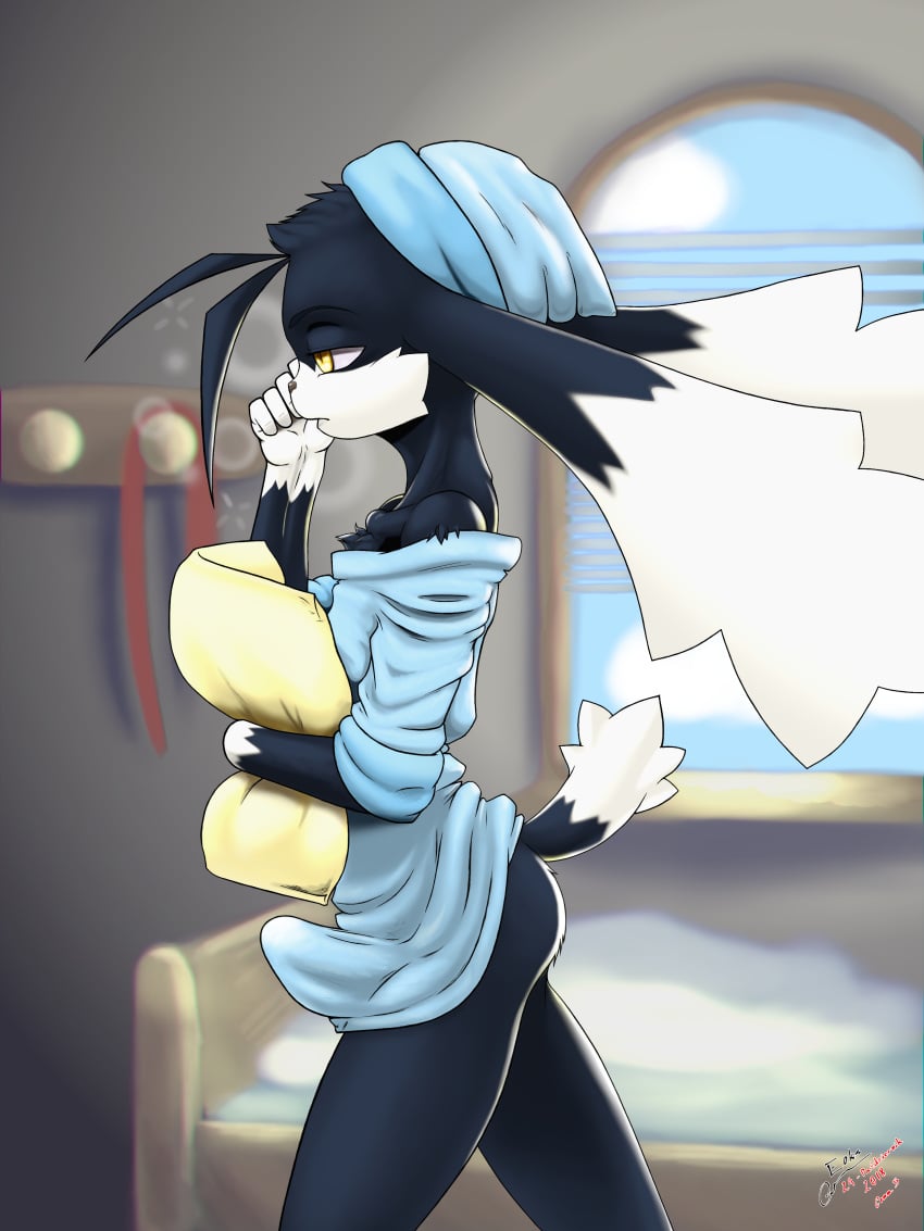 ass bottomless bulge cabbit detailed_background eoks erect_penis erection erection_under_clothes furry klonoa klonoa_(series) morning_wood shirt short_tail sleepy waking_up yellow_eyes