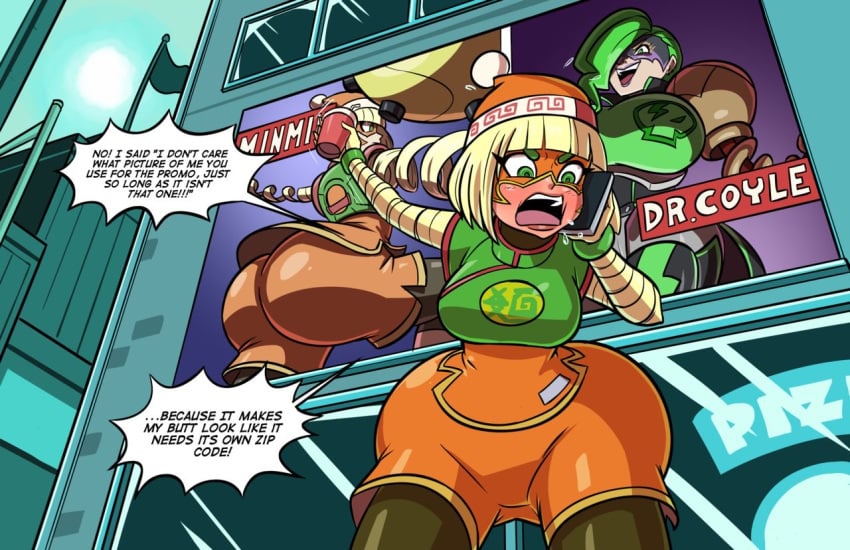 2girls angry arms_(game) ass_built_separately axel-rosered big_butt blonde_hair blush bubble_butt butt butt_expansion dialogue dr._coyle female female_only green_eyes huge_butt min_min_(arms) nintendo talking_on_phone text text_bubble thick_thighs