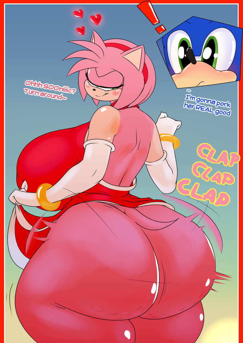 absurd_res amy_rose anthro ass ass_clapping big_ass big_breasts big_butt breasts clothed clothing clothing_lift dialogue dress dress_lift eulipotyphlan female heart hedgehog hi_res huge_ass huge_breasts huge_butt male mammal no_underwear sega sonic_(series) sonic_the_hedgehog sonic_the_hedgehog_(series) thick_thighs xaveknyne