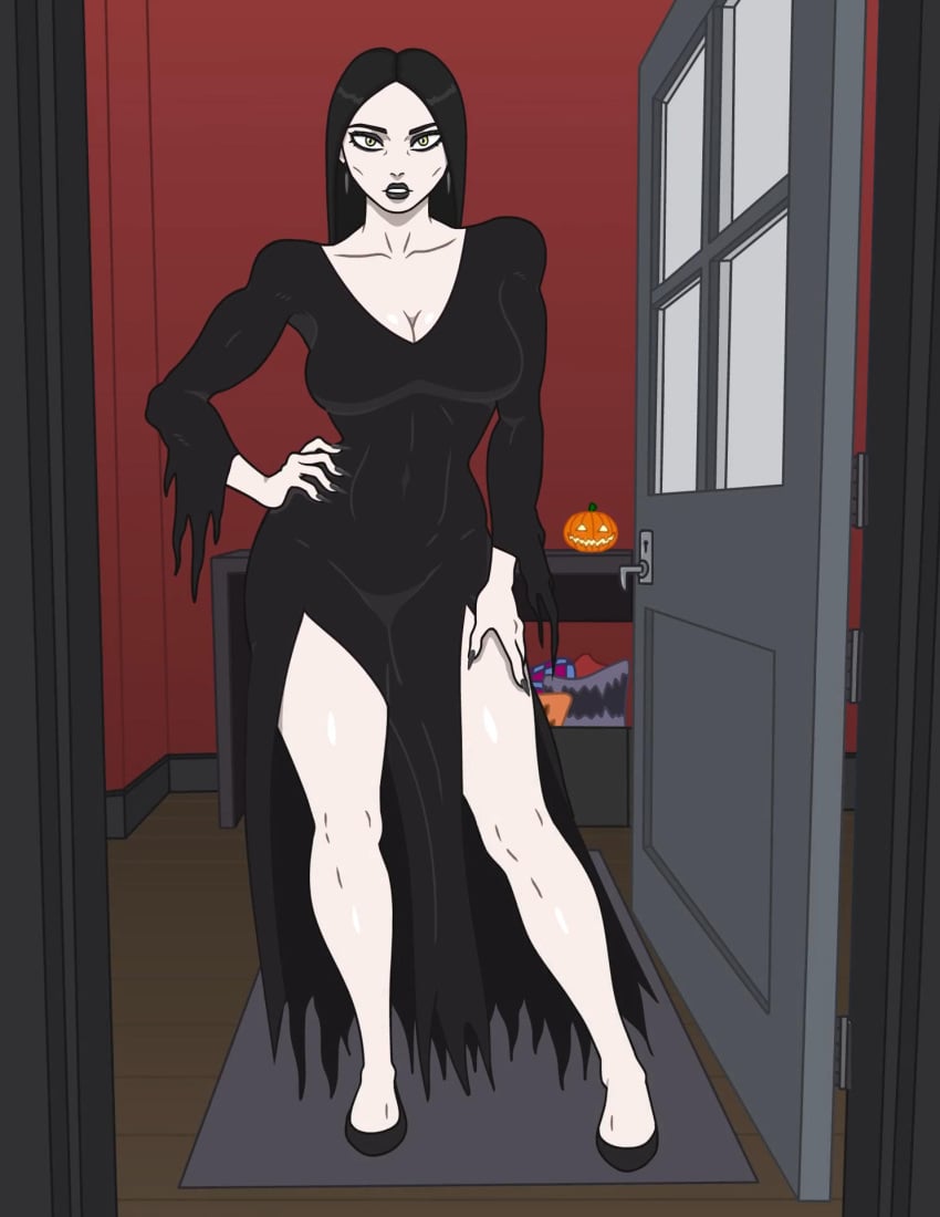 1girls black_hair black_lipstick breasts clothing earrings female female_only goofyowl hips large_breasts long_hair looking_at_viewer looking_back morticia_addams nail_polish screencap skin_tight solo stitched the_addams_family thighs tummy yellow_eyes