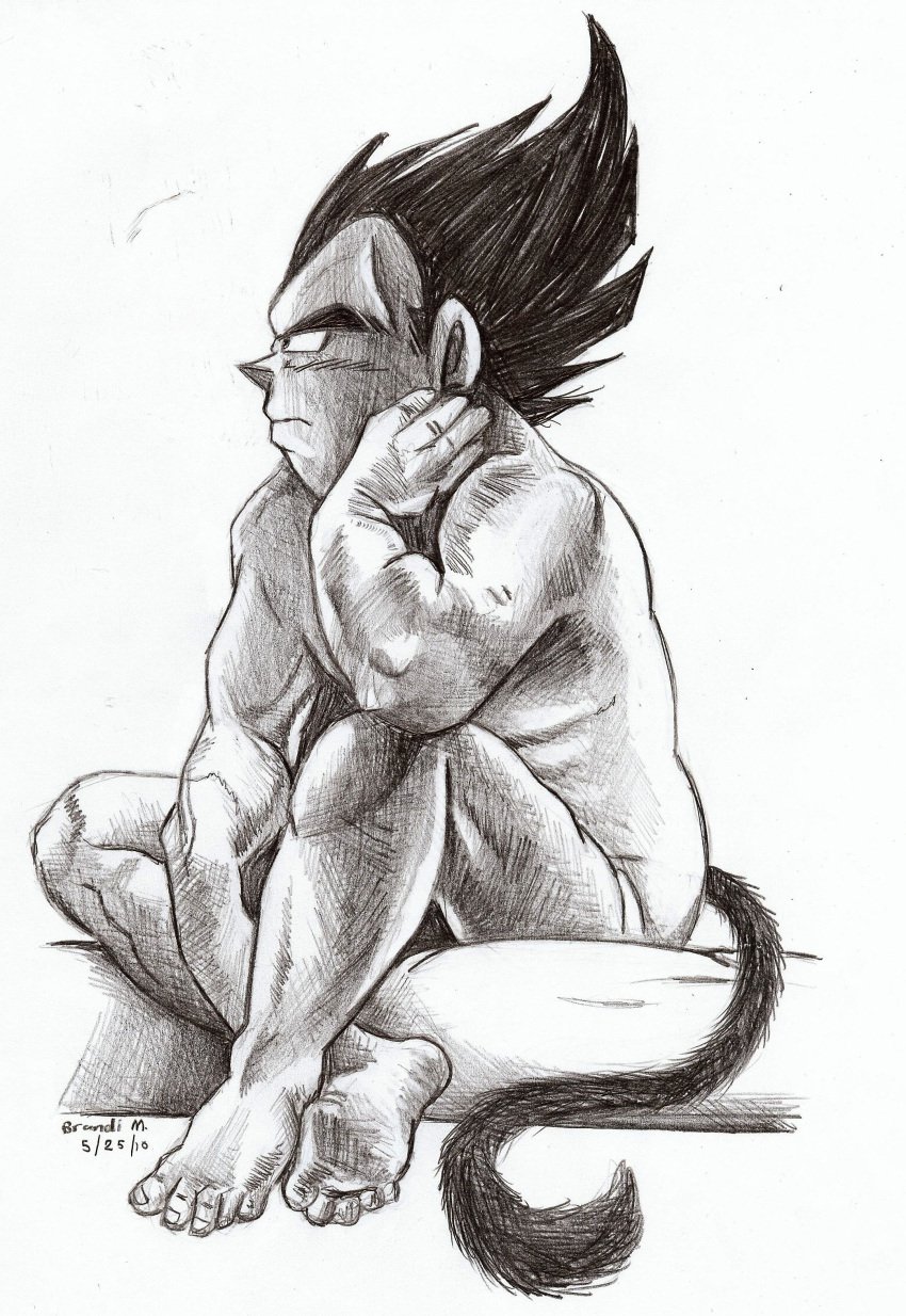 1boy 2010 cowcat44 dragon_ball dragon_ball_z fur furry_tail hair male male_only monochrome nude sitting solo tail vegeta