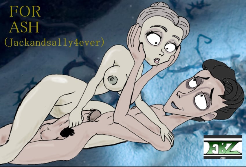 2006 artist_logo black_hair black_pubic_hair corpse_bride english_text fbz gray_hair hair_bun hands_on_cheeks holding_penis medium_breasts penis pubic_hair text tim_burton victor_van_dort victoria_everglot warner_brothers