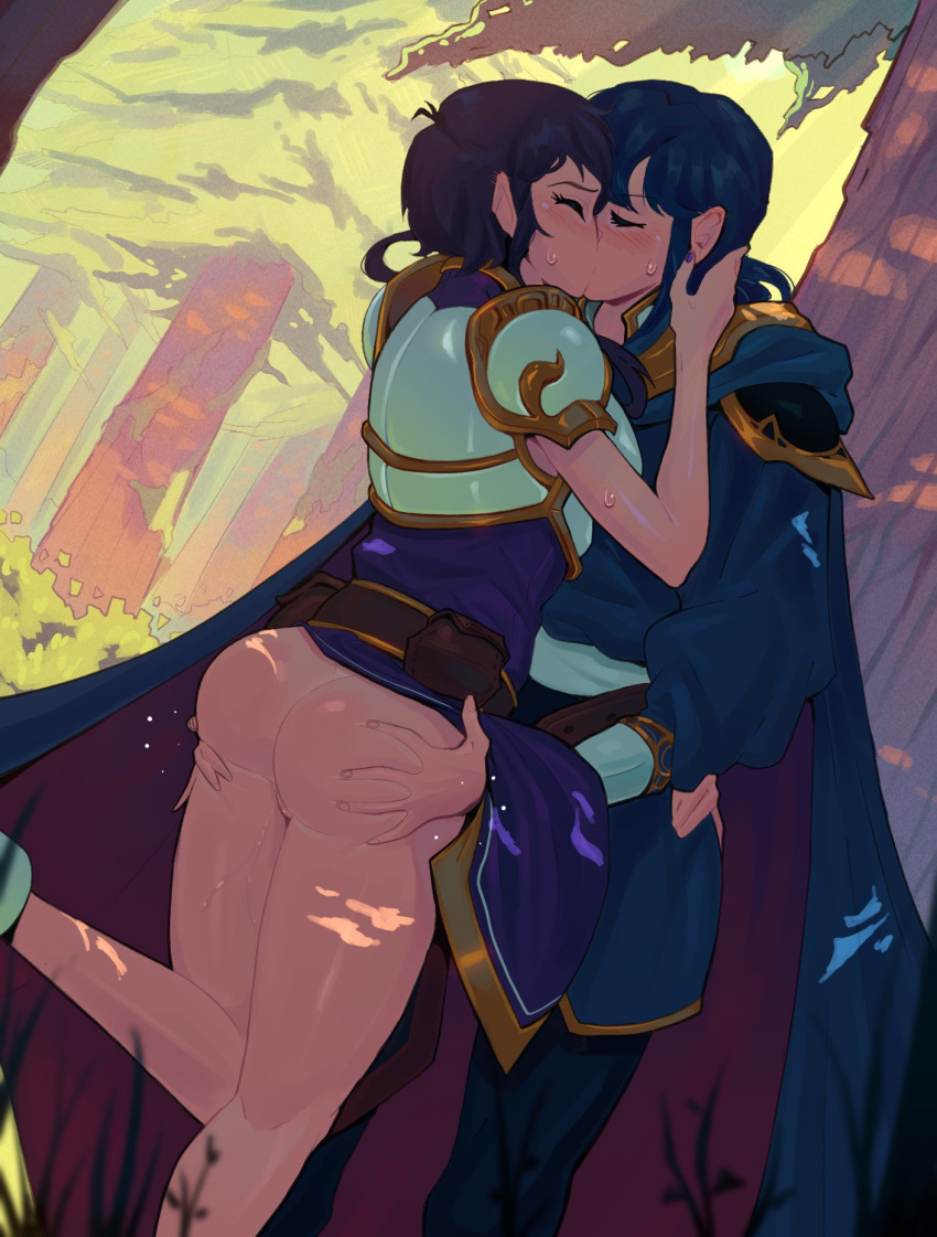 1boy 1girls armor ass ass_grab bare_thighs big_ass blue_hair blush breastplate cape closed_eyes commission commissioner_upload couple female female_focus fire_emblem fire_emblem:_genealogy_of_the_holy_war forest french_kiss grabbing_another's_ass groping highres hug kissing larcei_(fire_emblem) leg_up male nature nintendo no_panties pussy pussy_juice pussy_peek seliph_(fire_emblem) short_hair skirt standing standing_on_one_leg straight sweat thick_thighs thighs timbocactus tree