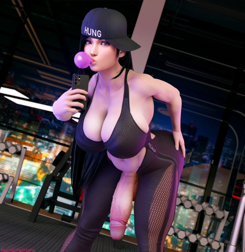 1futa 3d balls barbell black_hair blowing_bubblegum breasts bubble_gum busty cap cleavage clothed clothing crotchless final_fantasy final_fantasy_vii flaccid futa_focus futa_only futanari gym gym_clothes hat huge_cock hung_brand large_breasts long_hair looking_at_viewer penis penis_out sekaithereturn selfie sideways_hat taking_selfie testicles tifa_lockhart video_game video_game_character video_games voluptuous weights yoga_pants