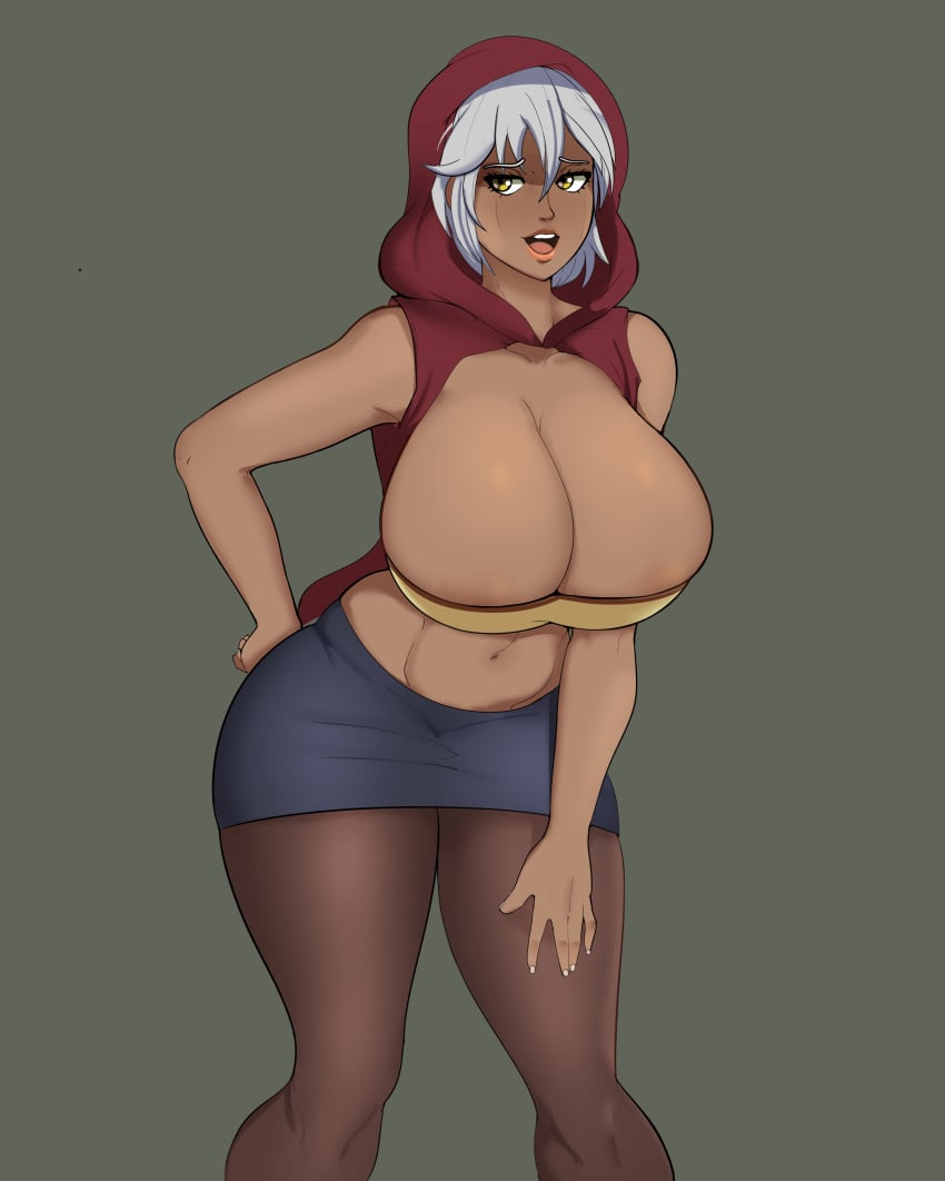 1girls big_breasts breasts breasts_bigger_than_head curvy dark-skinned_female dark_skin female g3mma hood human jojo's_bizarre_adventure looking_at_viewer mariah_(jjba) pantyhose short_hair shounen_jump simple_background skirt solo stardust_crusaders tagme thick_thighs villainess voluptuous white_hair wide_hips