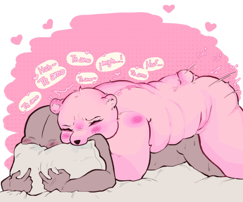 2023 anthro ass bear belly biped blush dialogue duo gordi_(unicorn_wars) hi_res mammal overweight pillow pink_body spanish_text text unicorn_wars wgguus