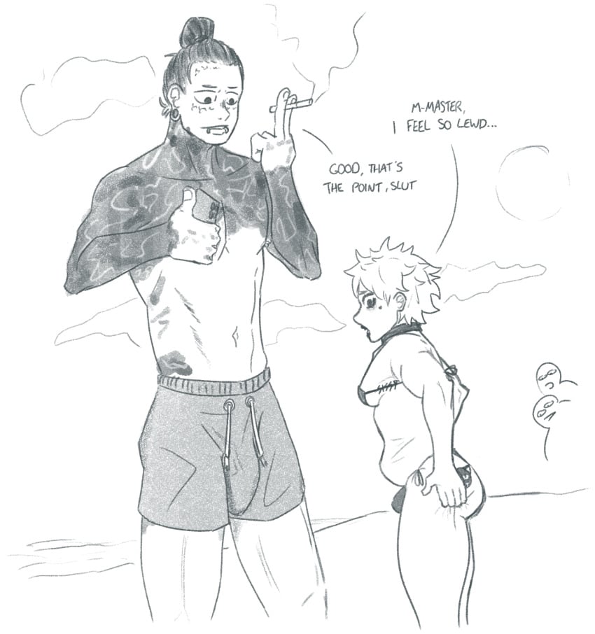 beach bikini english_text femboy girly haikyuu!! kenma_kozume lewd_clothing male male_only monochrome multiple_boys public shoyo_hinata sissy size_difference sketch tattoo tattoos text woolyarts