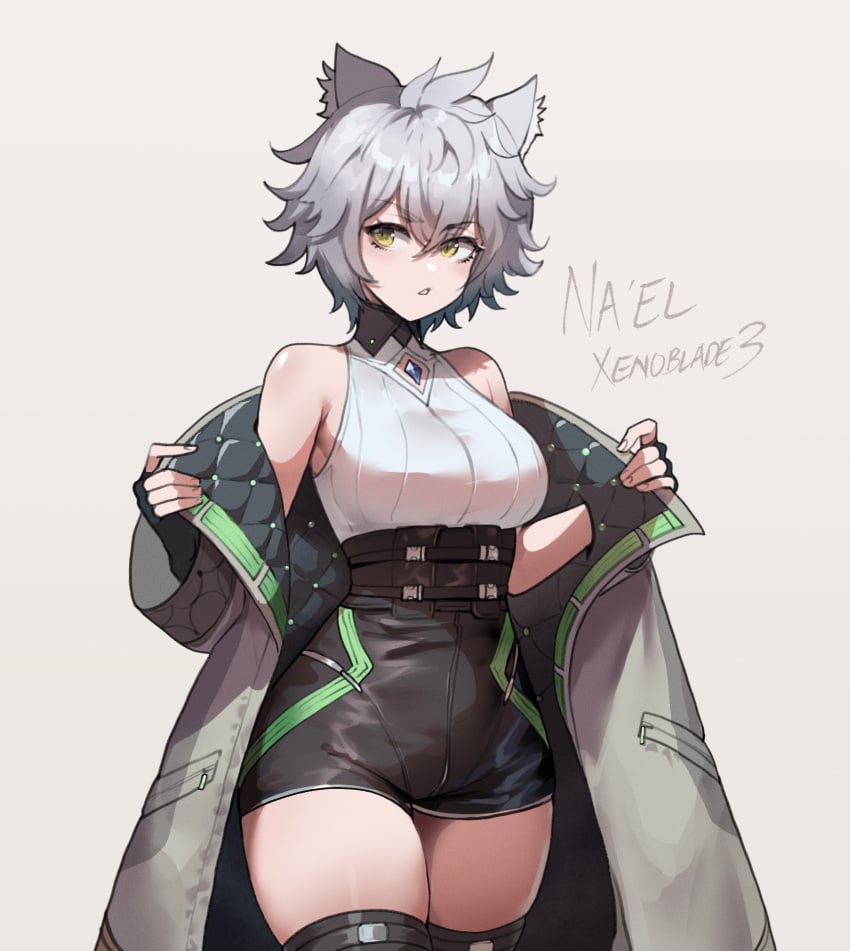 animal_ears breasts cat_ears cat_girl character_name chest_jewel clothing_cutout copyright_name core_crystal diamond_cutout english_commentary female fingerless_gloves gloves high-waist_shorts highres looking_at_viewer medium_breasts messy_hair na'el_(xenoblade) parted_lips romper short_hair short_shorts shorts solo thiccwithaq thick_thighs thighhighs thighs xenoblade_(series) xenoblade_chronicles_3 xenoblade_chronicles_3:_future_redeemed yellow_eyes