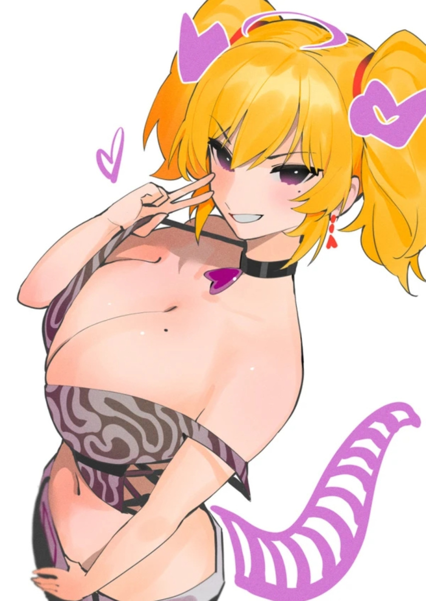 blonde_hair breasts choker coco_kaine dismassd dragon_girl hololive horns huge_breasts looking_at_viewer midriff mole mole_on_breast navel peace_sign purple_eyes short_hair smile strap_lift tagme tail twintails v virtual_youtuber