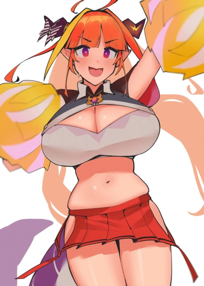 breasts cheerleader cheerleader_uniform chubby chubby_female cleavage cleavage_cutout dismassd dragon dragon_girl happy holoforce hololive hololive_japan horns huge_breasts kiryu_coco long_hair miniskirt orange_hair pointy_ears pom_poms skirt smile sweat tagme tail thigh_cutout virtual_youtuber