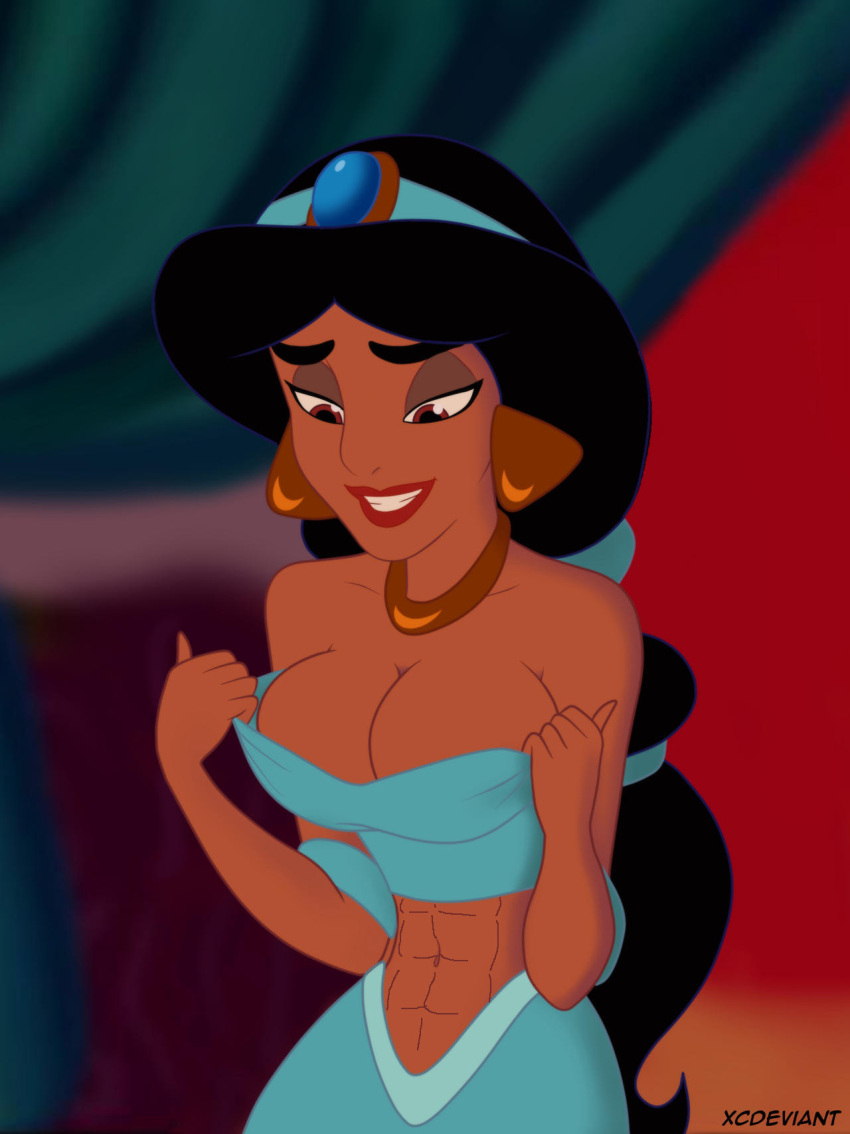 accurate_art_style aladdin alluring athletic_female big_breasts black_hair brown_eyes cleavage disney disney_princess female female_abs fit_female princess_jasmine xcdeviant