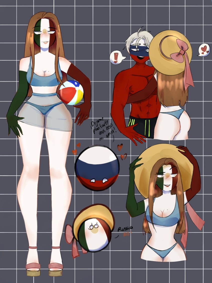 1boy 1girls bikini countryballs countryhumans countryhumans_girl female female_only gray_background hat heart idkcocco mexico_(countryhumans) russia_(countryhumans) simple_background white_body white_skin