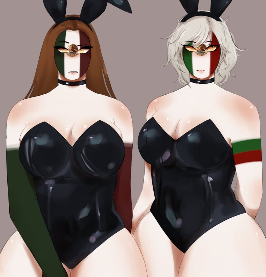 2girls big_breasts brown_hair countryhumans countryhumans_girl female female_only gray_background gray_hair idkcocco mexico_(countryhumans) playboy_bunny rabbit_headband short_hair simple_background