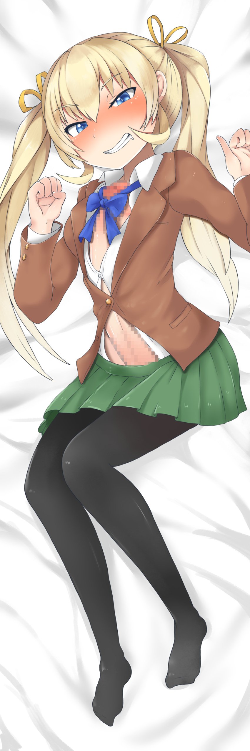 1futa absurdres asakura_mao black_legwear blonde_hair blue_eyes blue_ribbon bulge censored clothed clothing dakimakura dakimakura_(medium) danielsung erection erection_under_clothes futa_only futabu futanari highres huge_cock human light-skinned_futanari light_skin long_hair looking_at_viewer mosaic_censoring mostly_clothed on_side penis pillow ribbon school_uniform skirt solo twintails yellow_ribbon