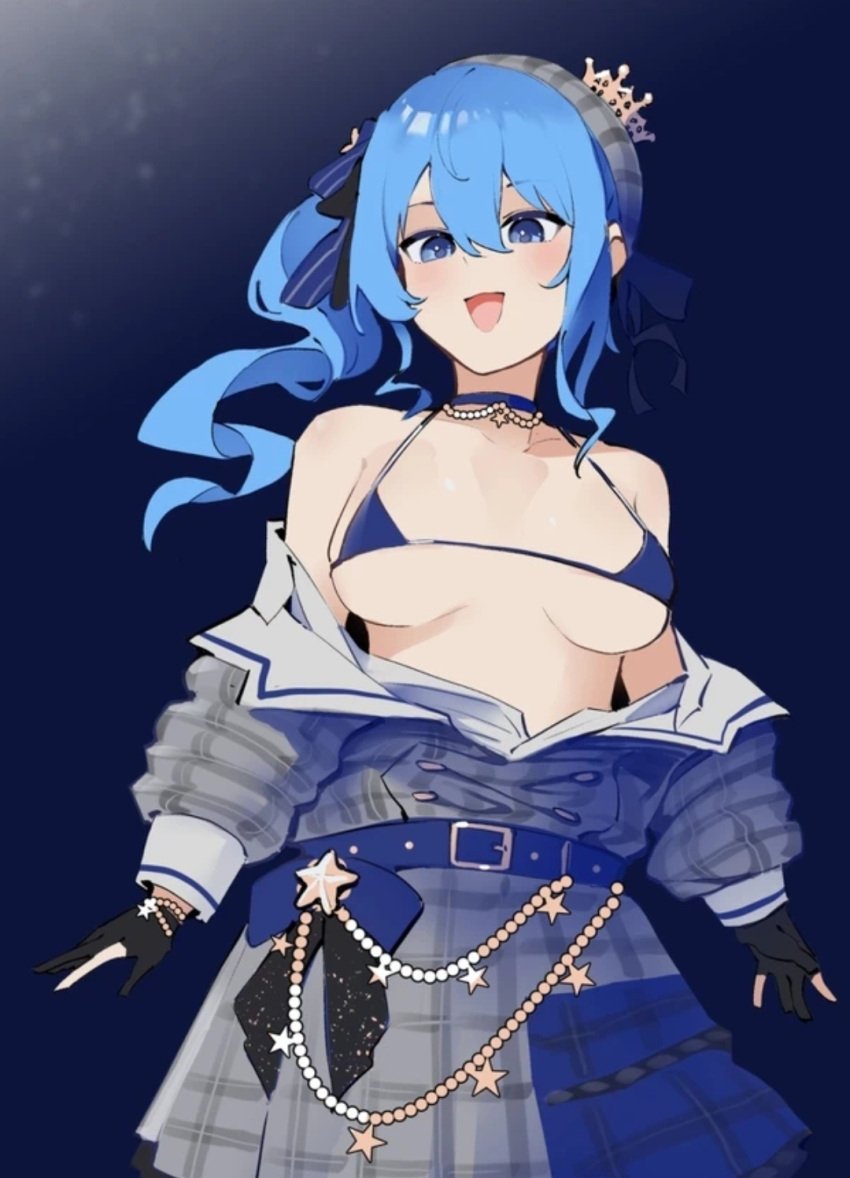 bikini blue_eyes blue_hair choker dismassd gloves hololive hololive_gen_0 hololive_japan hoshimachi_suisei open_mouth skirt smile swimsuit swimsuit_under_clothes tagme undressing virtual_youtuber