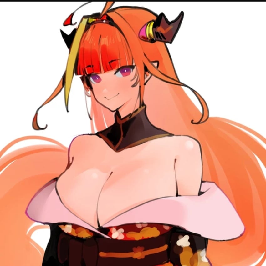 ahoge breasts cleavage dismassd dragon_girl holoforce hololive hololive_japan horns huge_breasts kimono kiryu_coco long_hair orange_hair purple_eyes smile tagme virtual_youtuber