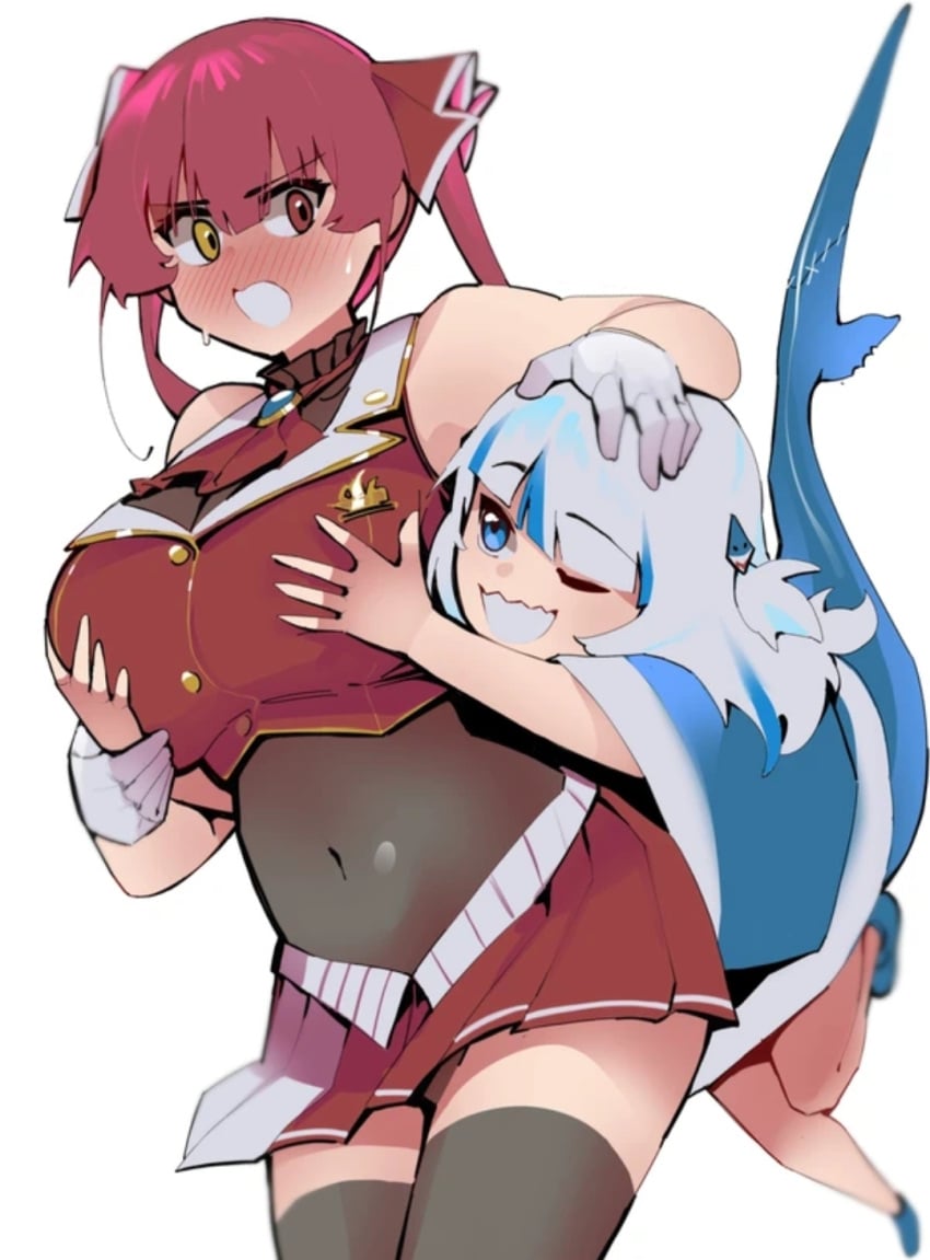 2girls dismassd gawr_gura grabbing_breast hololive hololive_english hololive_fantasy hololive_japan hololive_myth houshou_marine virtual_youtuber yuri