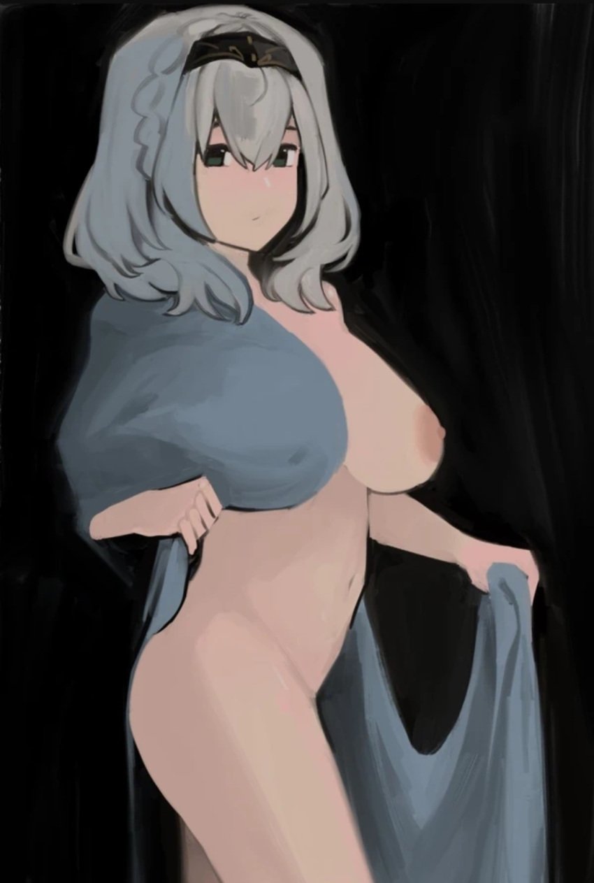 breasts dismassd green_eyes grey_hair hololive hololive_fantasy hololive_japan huge_breasts midriff navel nipples nude sheets shirogane_noel short_hair tagme thick_thighs thighs virtual_youtuber