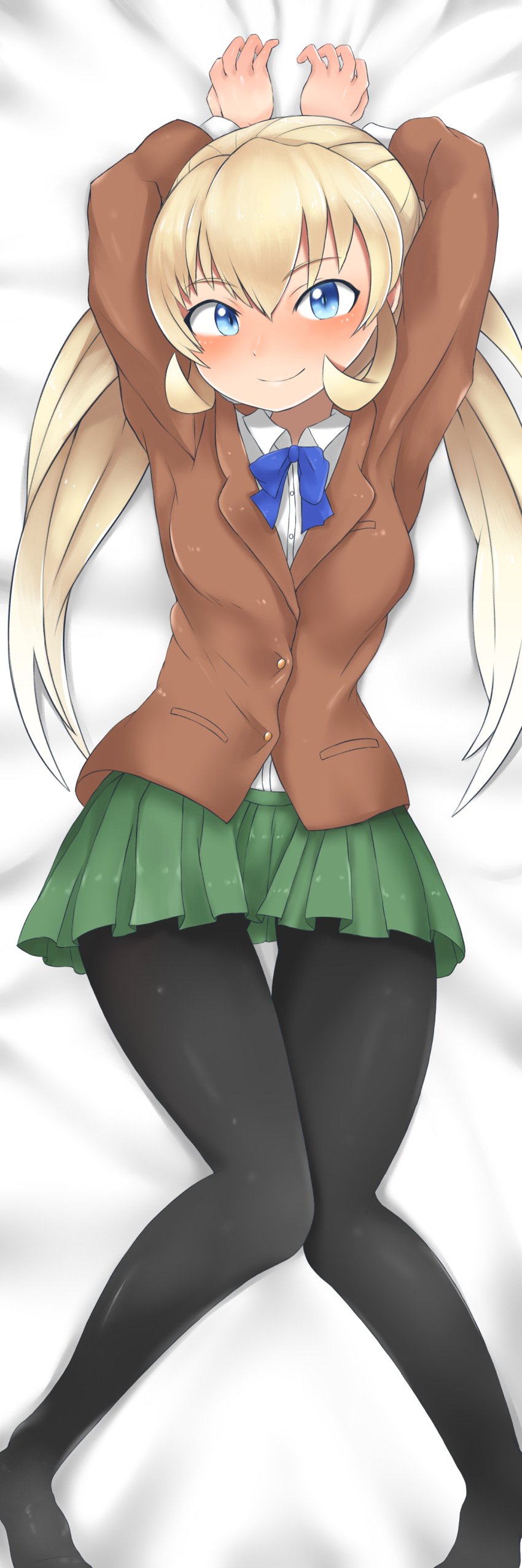 1girls absurdres asakura_mao black_legwear blonde_hair blue_eyes blue_ribbon bulge censored clothed clothing dakimakura dakimakura_(medium) danielsung erection erection_under_clothes female female_only fully_clothed futabu highres huge_cock human light-skinned_female light_skin looking_at_viewer mosaic_censoring penis pillow ribbon school_uniform skirt solo yellow_ribbon