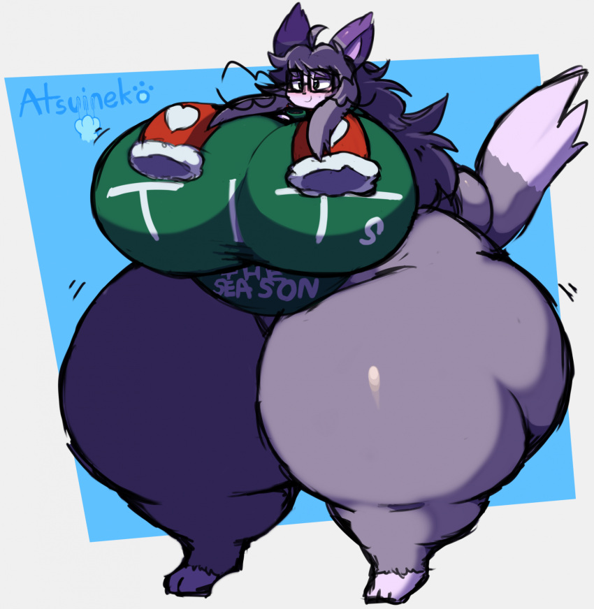 2022 anthro atsuinekowo big_breasts blush bottomless breasts clothed clothing dipstick_tail english_text fan_character female furry generation_4_pokemon green_eyes grey_body grey_hair hair half-closed_eyes hi_res huge_breasts huge_thighs hyper hyper_breasts hyper_hips hyper_thighs leg_markings markings narrowed_eyes nintendo noelle_(atsuinekowo) pokemon pokemon_(species) purugly shirt signature smile socks_(marking) solo tail tail_markings text text_on_clothing text_on_shirt text_on_topwear thick_thighs topwear whiskers wide_hips