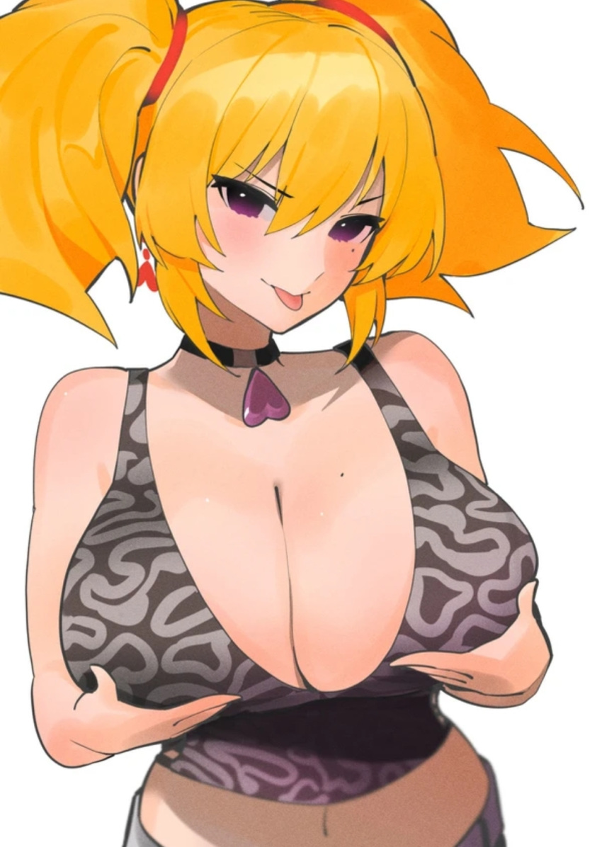 :p blonde_hair breasts choker cleavage coco_kaine dismassd dragon_girl hololive horns huge_breasts midriff mole navel purple_eyes short_hair smile tagme tongue tongue_out twintails virtual_youtuber