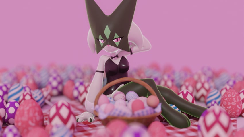 3d 3d_model anthro bunnysuit easter easter_basket easter_egg female green_body green_skin hitmarker mask meowscarada nintendo pokemon pokemon_(species) pokemon_sv