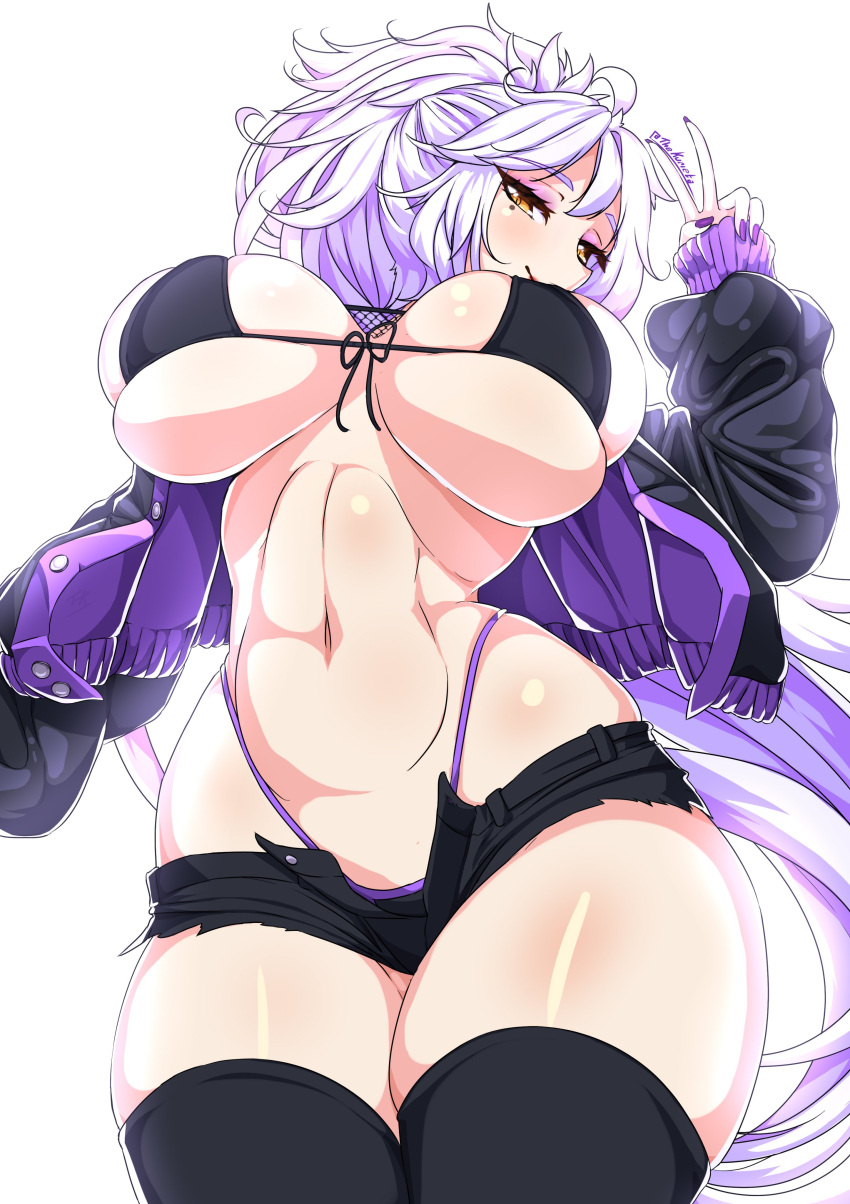 1girls bikini bikini_thong breasts clothed diannevt fanart hispanic_virtual_youtuber huge_breasts latam_virtual_youtuber light-skinned_female looking_at_viewer looking_down makeup no_nude open_jacket peace_sign short_shorts solo_focus the_kurieta thick_thighs thighhighs thighs virtual_youtuber vtuber white_hair yellow_eyes