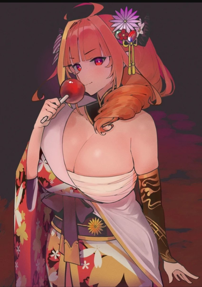 1girls breasts candy_apple chest_binder cleavage dismassd dragon_girl drill_hair female flower_in_hair hololive horns huge_breasts kimono kiryu_coco long_hair looking_at_viewer massive_breasts orange_hair red_eyes solo tagme virtual_youtuber