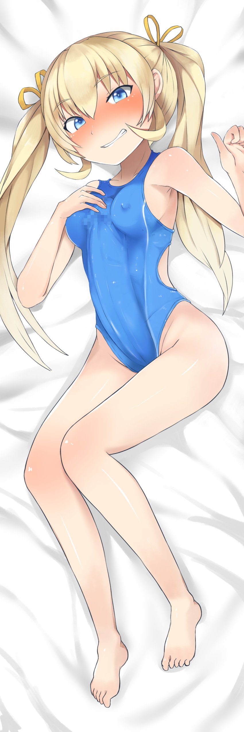 1futa absurdres asakura_mao autopaizuri barefoot blonde_hair breasts bulge censored clothed clothing competition_swimsuit dakimakura dakimakura_(medium) danielsung erection erection_under_clothes feet female_masturbation futa_only futa_sans_balls futabu futanari highres huge_cock human light-skinned_futanari light_skin long_hair masturbation mosaic_censoring nipples on_side one-piece_swimsuit paizuri partially_clothed penis pillow ribbon solo swimsuit toes twintails yellow_ribbon