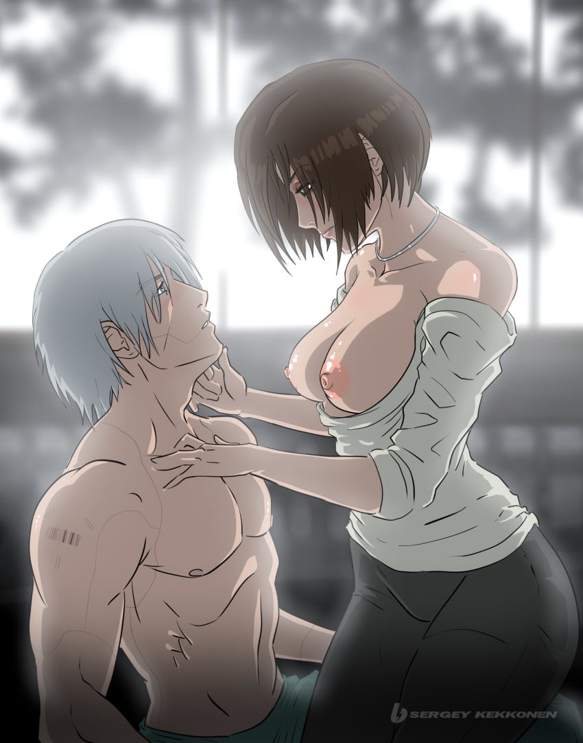 1boy 1girls barcode barcode_tattoo blue_eyes blush blush_lines blushing boobs breasts brown_eyes brown_hair chin_length_hair color colored cybernetics cyborg eye_contact hand_on_chest hand_on_chin hospital_room metal_gear metal_gear_solid metal_gear_solid_4 raiden_(metal_gear) rosemary_(metal_gear) sergey_kekkonen tagme white_hair window