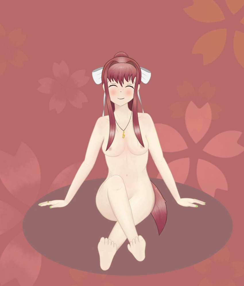 1girls alternate_version_available areolae barefoot big_breasts blizznsfw blush blush_lines breasts brown_hair closed_eyes completely_nude completely_nude_female crossed_legs doki_doki_literature_club female female_only full_body hair_ribbon long_hair monika_(doki_doki_literature_club) naked naked_female necklace nipples nude nude_female sitting smile solo solo_female white_ribbon