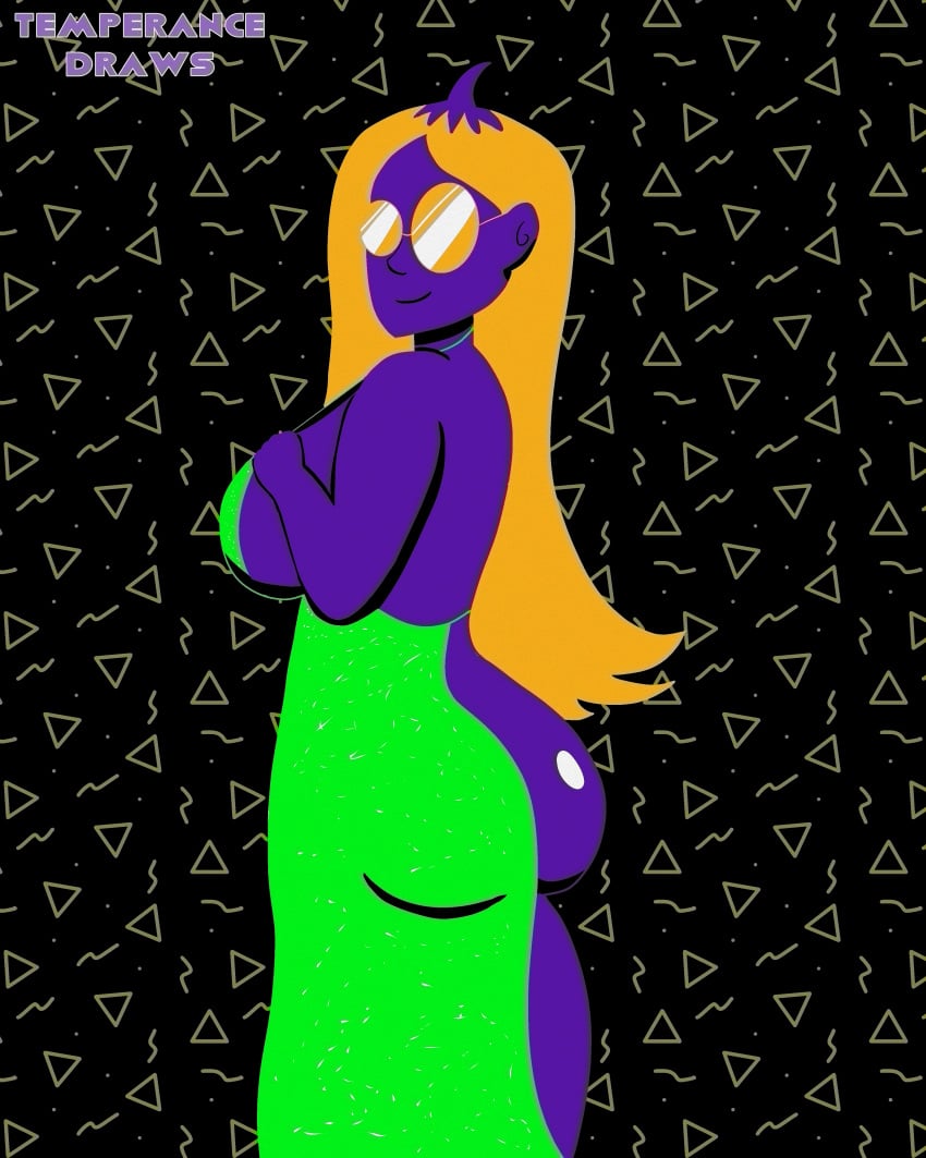 ass breasts channel-tan daphne_dress dress glasses large_breasts limited_palette long_hair meme meme_attire multicolored_hair orange_hair purple_skin smile teennick temperancedraws