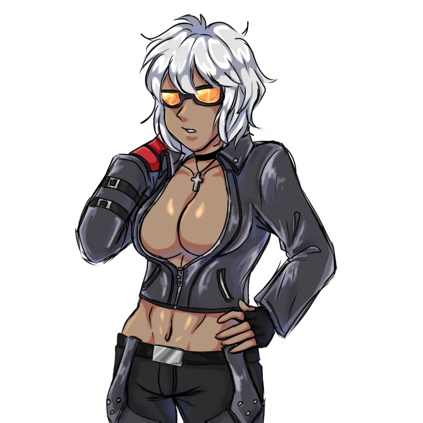 black_jacket breasts dark_skin female female_only gender_transformation genderswap_(mtf) glasses k' king_of_fighters posing rule_63 snk white_hair zipper_down