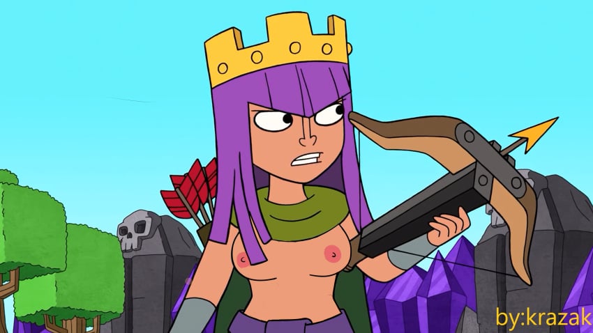 archer_queen_(clash_of_clans) breasts casual_nudity clash_(series) clash_a_rama clash_of_clans clenched_teeth crossbow crown gauntlets krazak nipples nude_edit nude_female