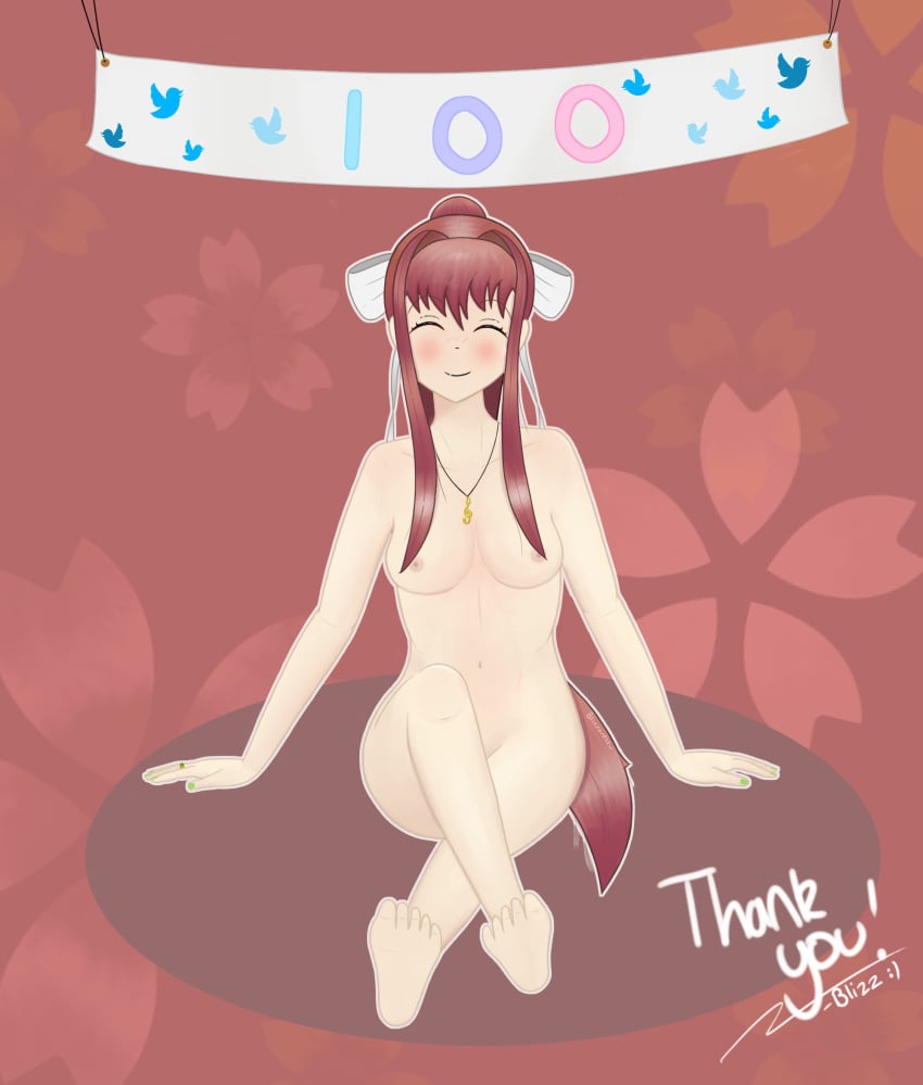 1girls alternate_version_available areolae banner barefoot big_breasts blizznsfw blush blush_lines breasts brown_hair closed_eyes completely_nude completely_nude_female crossed_legs doki_doki_literature_club female female_only follower_celebration full_body hair_ribbon long_hair milestone_celebration monika_(doki_doki_literature_club) naked naked_female necklace nipples nude nude_female sitting smile solo solo_female thank_you white_ribbon