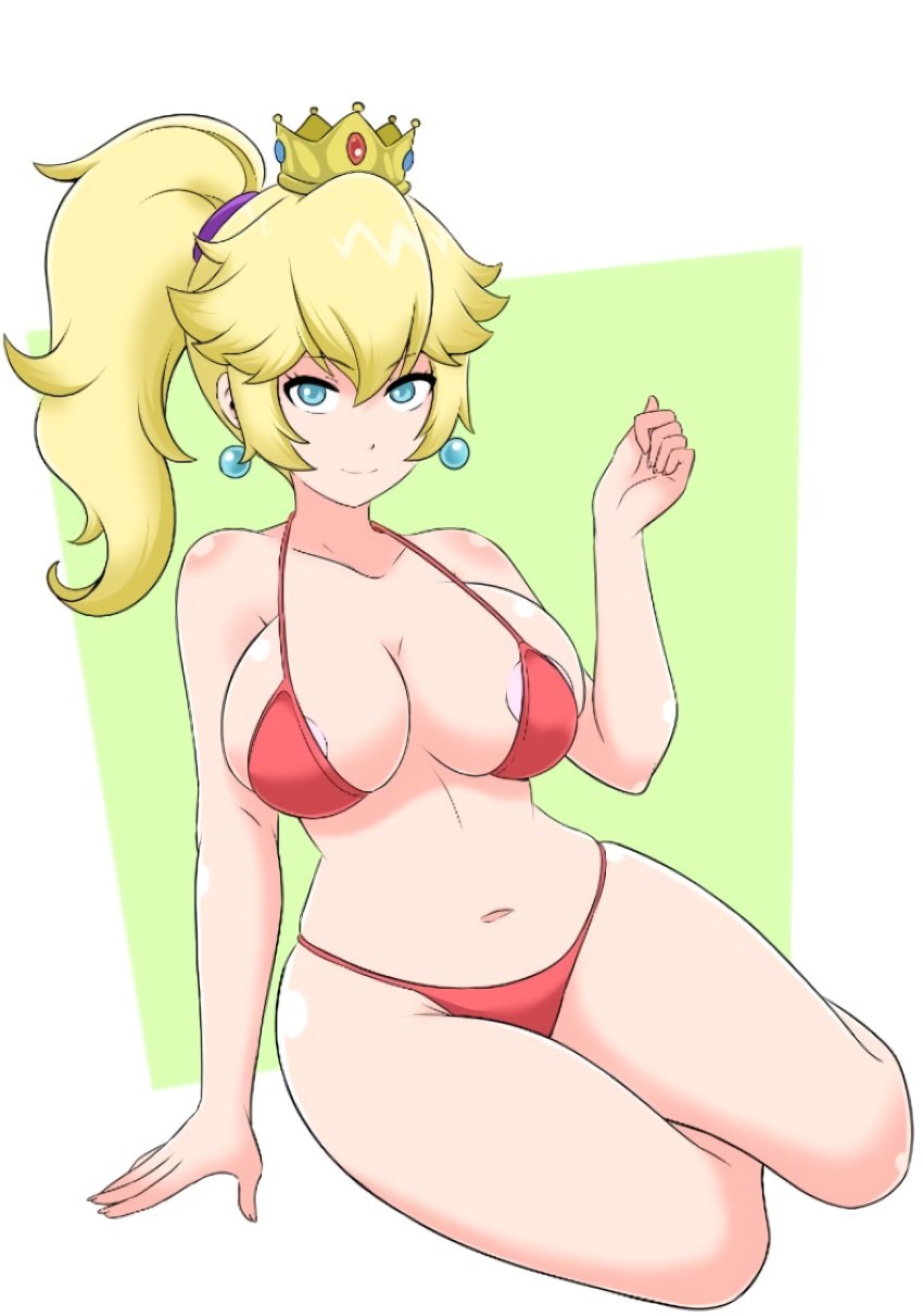 1girls areola_slip arm_support big_breasts blonde_hair blue_eyes busty cleavage female female_only hi_res large_breasts legs mario_(series) navel nintendo ponytail princess princess_peach revista_paradoja seductive seductive_smile sitting smile thighs voluptuous