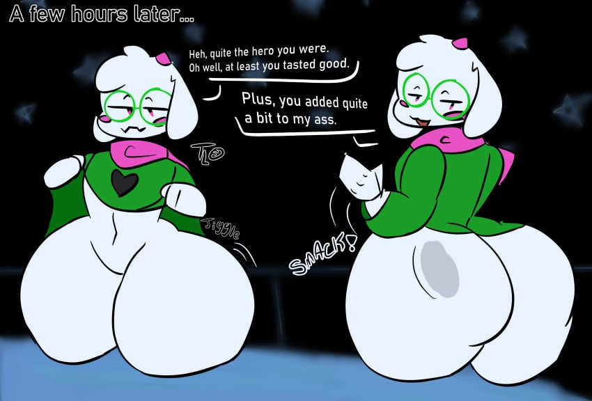 absurd_res after_vore anthro ass ass_expansion big_ass big_butt bovid butt_slap caprine clothing deltarune digital_drawing_(artwork) digital_media_(artwork) english_text femboy goat hi_res horn huge_ass humanoid looking_pleasured lying male male/male mammal navel no_shading on_front pink_horn predator/prey questionable_consent ralsei robe scarf simple_background slap slapping_own_butt slapping_self solo stomach_bulge text thick_thighs toastyloaf undertale_(series) vore weight_gain wide_hips