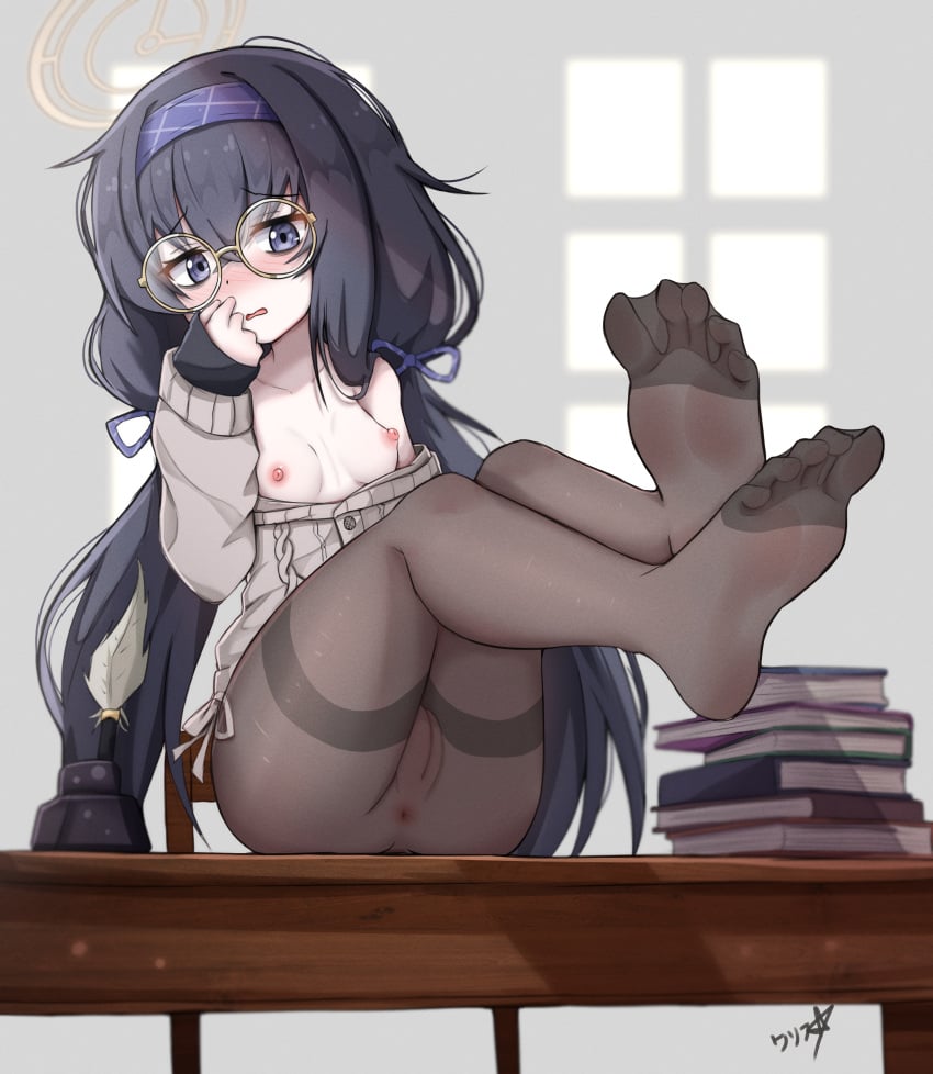 absurdres anus black_hair black_pantyhose blue_archive blue_eyes blue_hairband blue_ribbon blush book book_stack boppin breasts cardigan cleft_of_venus collarbone commentary desk feet foot_focus glasses grey_cardigan hair_ribbon hairband halo highres legs legs_up library_committee_(blue_archive) long_hair long_sleeves low_twintails nipples no_bra no_panties no_pants no_shoes nose_blush on_desk pantyhose parted_lips pussy ribbon round_eyewear see-through sitting sitting_on_desk sleeves_past_wrists small_breasts soles thighband_pantyhose toes trinity_general_school_student twintails ui_(blue_archive) yellow_halo young