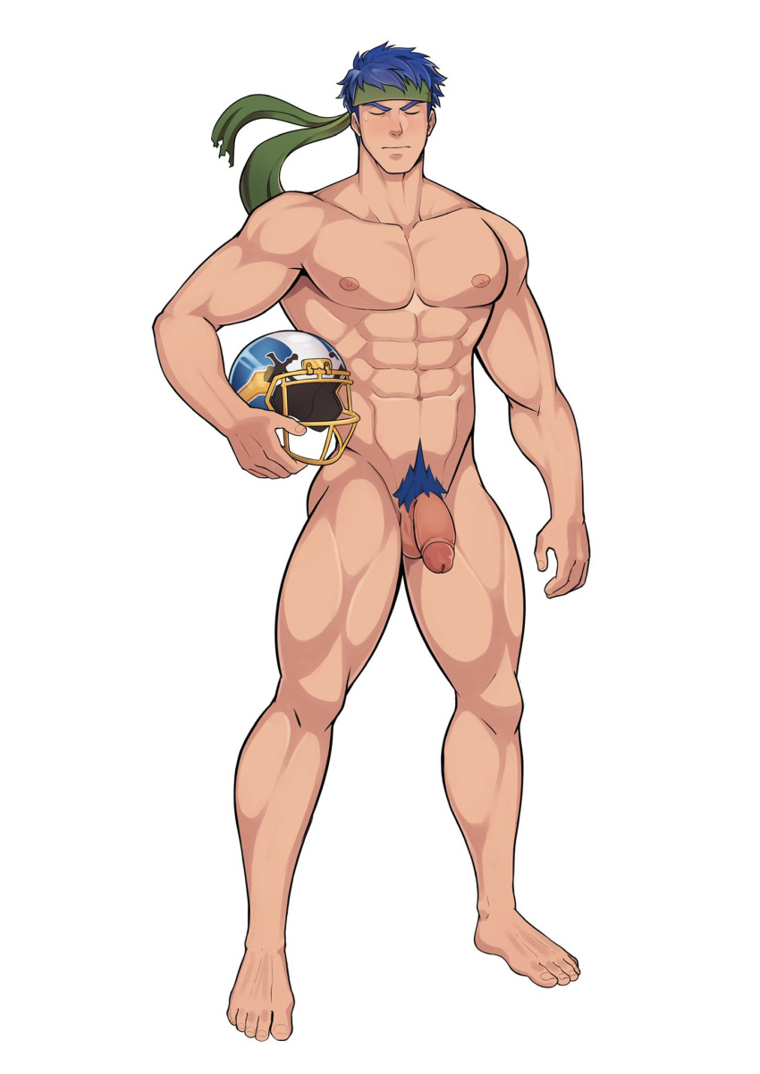 1boy 1male abs blue_hair blush blushing dick eyes_closed fire_emblem fire_emblem:_path_of_radiance fire_emblem:_radiant_dawn flaccid flaccid_penis gay geckobara helmet ike_(fire_emblem) male male_only muscles muscular muscular_male nipples pecs pectorals penis pubes pubic_hair solo solo_male sportswear